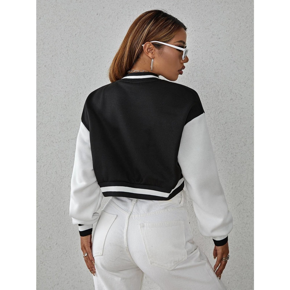 Drop Shoulder Two Tone Crop Bomber Jacket preppy black white - Picture 2 of 11